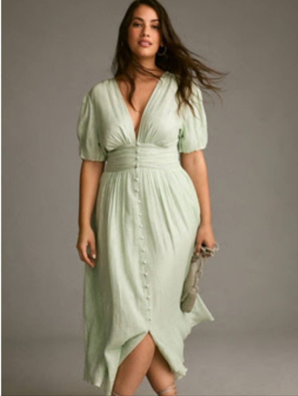 Anthropologie Light Sage Button-Front Midi Dress